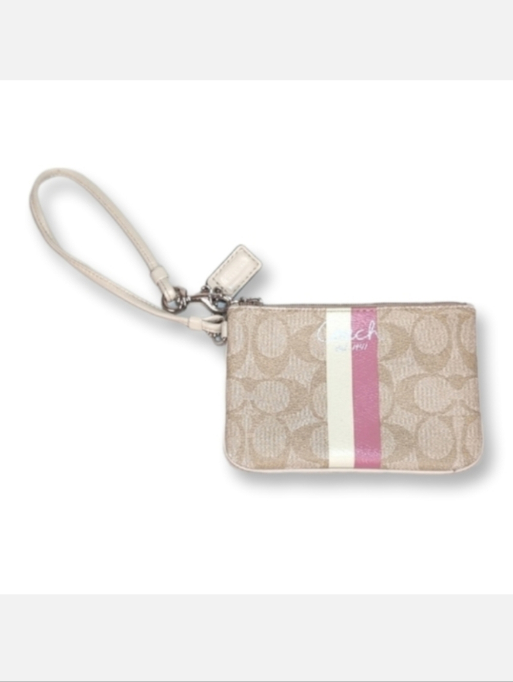 Coach Signature Top Zip Wristlet Bag Canvas Leather Stripe Mini Purse Designer
